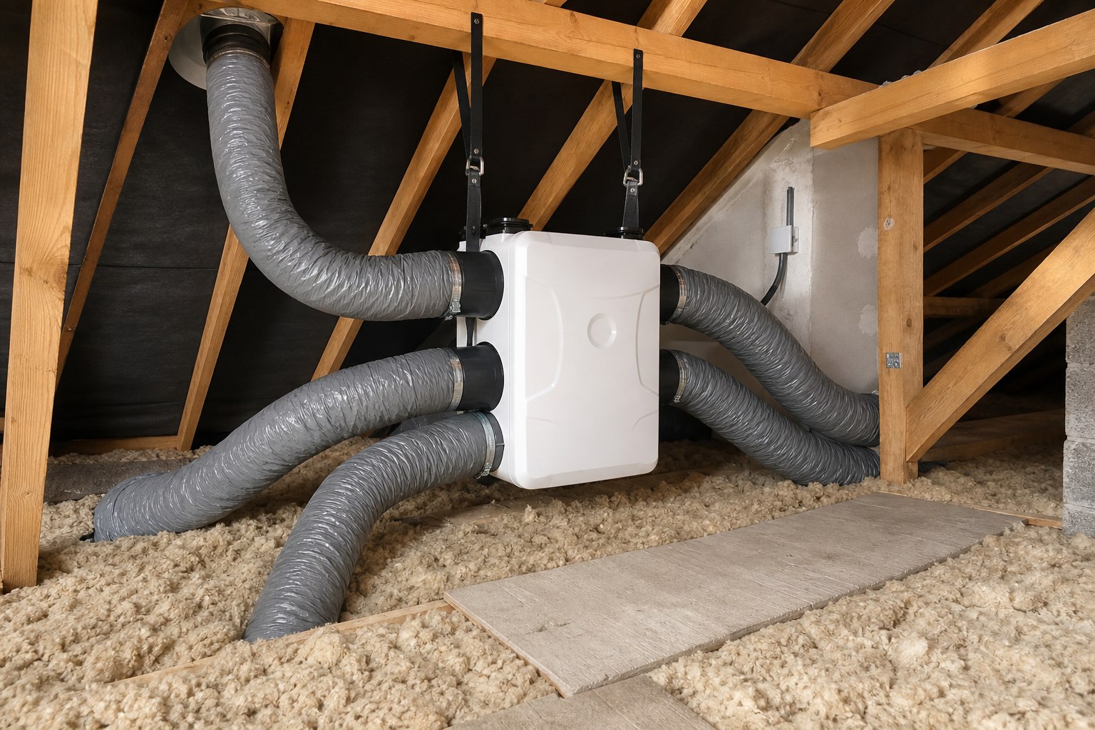 Caisson VMC et réseau de gaines installés en combles