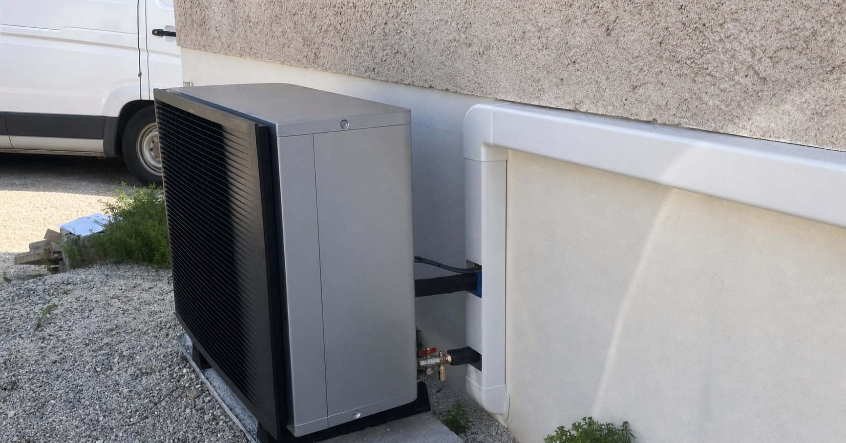 Unité extérieure d'une pompe à chaleur air/eau installée sur chantier