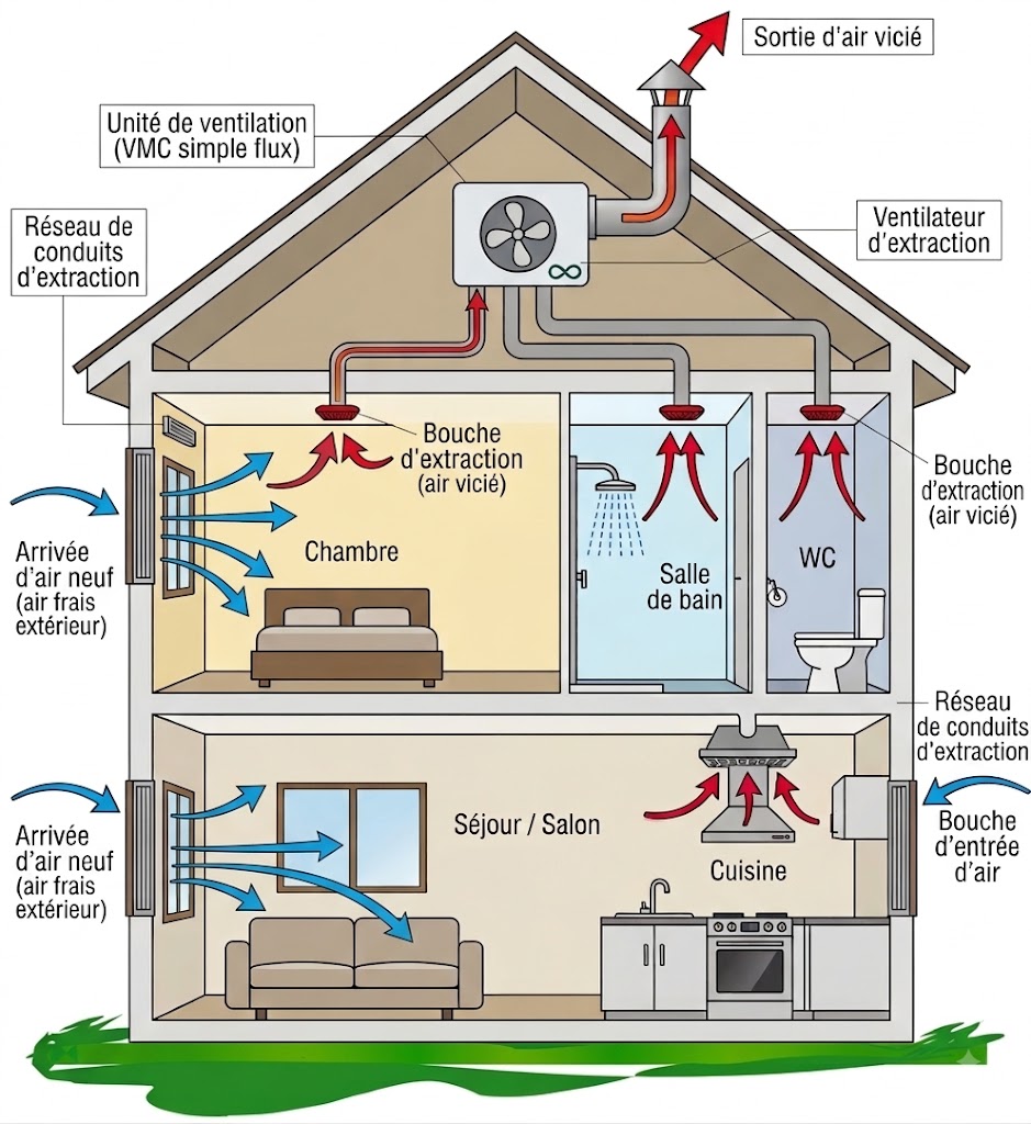 Schéma d'une VMC simple flux : réseau de gaines, bouches d'extraction et entrées d'air neuf dans un logement